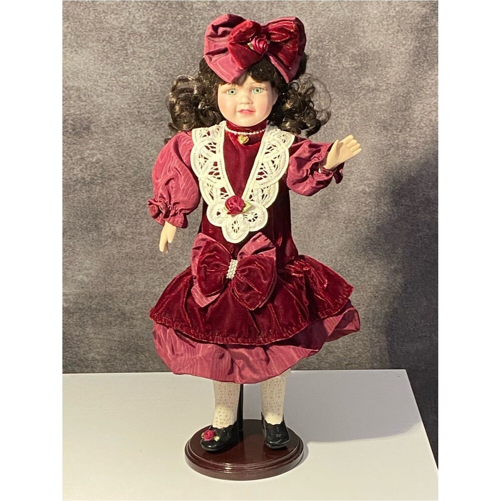 Vintage 18" Porcelain Doll Burgundy Velvet Dress Lace Trim Green Eyes W/ Stand